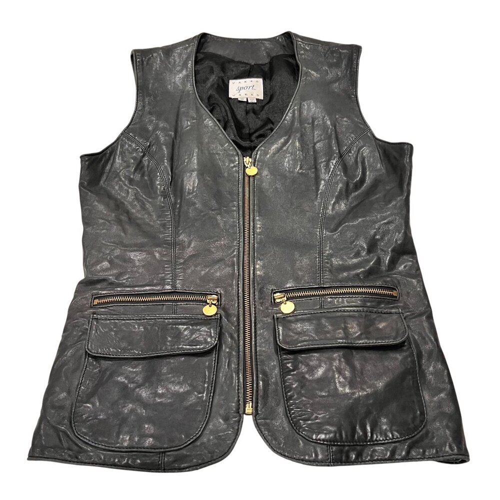 Vakko Zip Leather Hip Length Vest, Vintage, Black, M